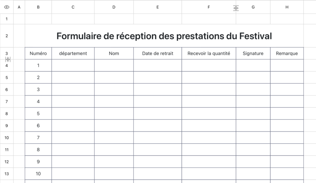 Formulaire de réception des prestations du Festival